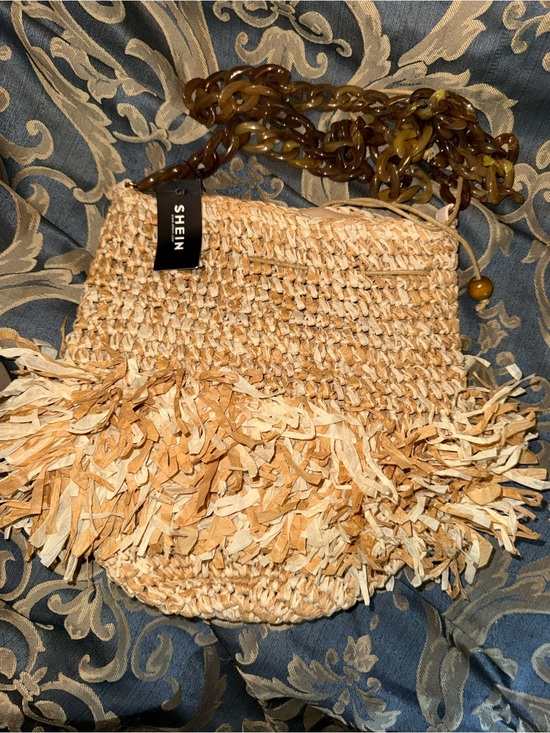 SHEIN Handbags - SHEIN Tan Straw Fringe Crossbody Bag with Tortoiseshell Chain